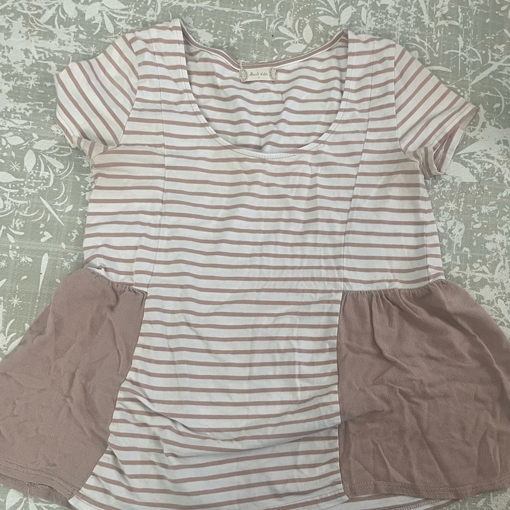 Altar'd State Tan and White Striped Feminine Boheme Short Sleeve Top